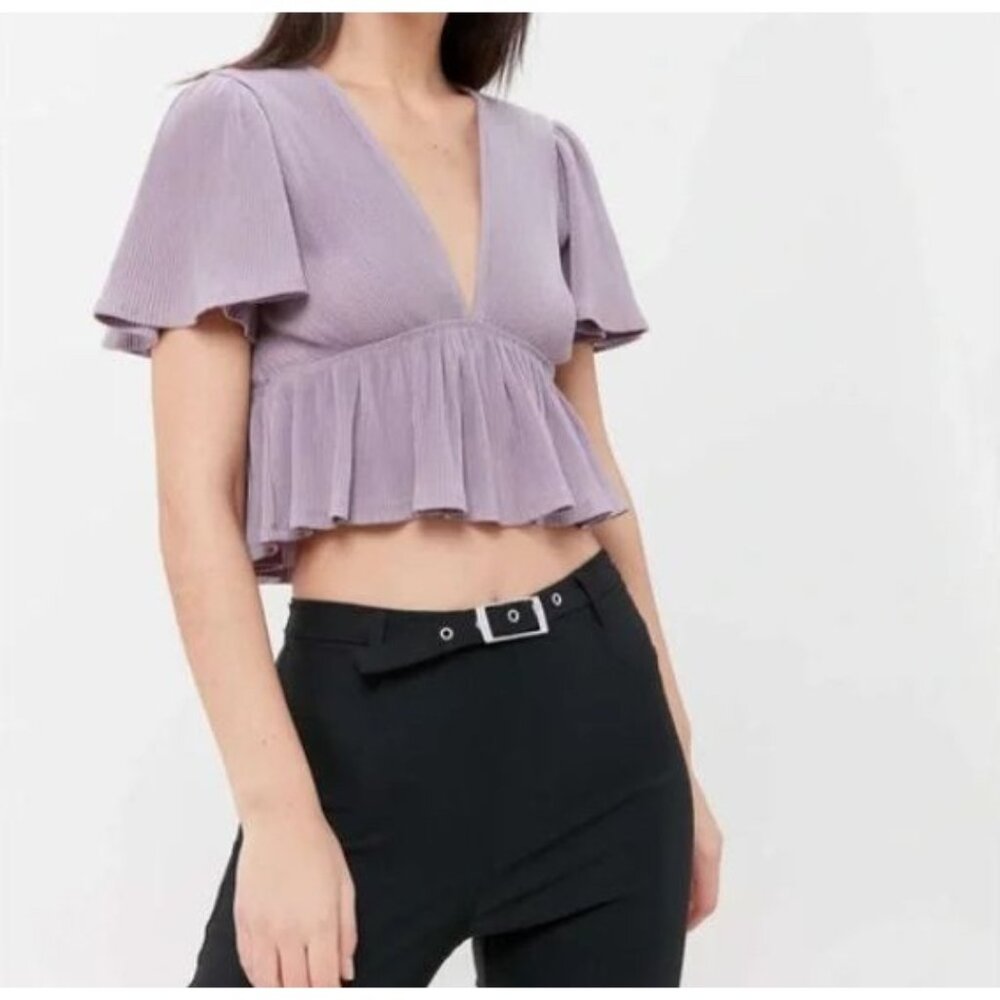 Urban Outfitters Rori Smitten Ribbed Peplum Top Flutter Sleeve V-Neck Cropped S‎
